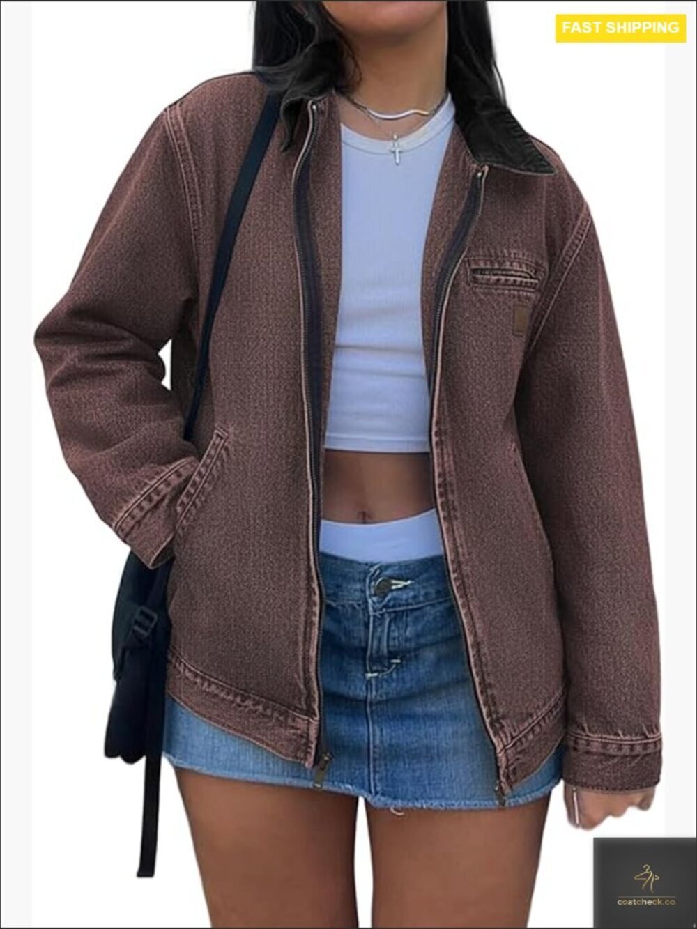 Denim Jacket Women's Zipper Casual Fit Long Sleeve Barn Style Chic